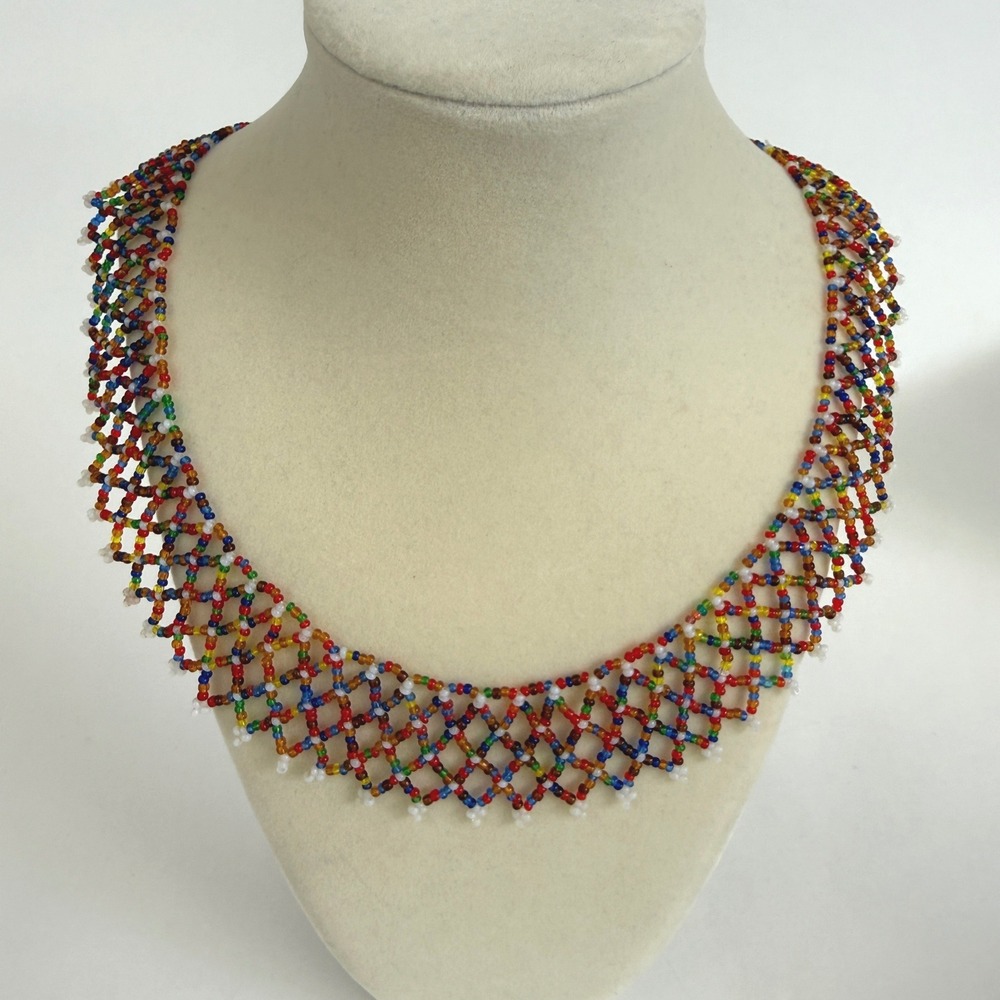 Vintage Multicolor Seed Bead Collar Necklace Woven Tribal Boho Statement